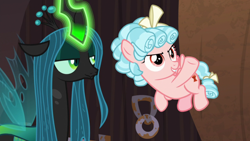 Size: 1920x1080 | Tagged: safe, screencap, character:cozy glow, character:queen chrysalis, species:changeling, species:pegasus, species:pony, episode:the summer sun setback, g4, my little pony: friendship is magic, changeling queen, duo, female, filly, flying, foal, glowing horn, horn, lidded eyes