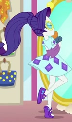 Size: 720x1213 | Tagged: safe, screencap, character:rarity, equestria girls:spring breakdown, g4, my little pony:equestria girls, beautiful, clothing, cropped, dress, eyes closed, feet, female, happy, legs, mirror, sandals, solo, sundress, sunglasses, teenager