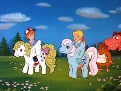 Size: 512x388 | Tagged: safe, screencap, character:danny williams, character:drudge, character:megan williams, character:surprise, character:wind whistler, species:human, species:pegasus, species:pony, episode:the great rainbow caper, g1, my little pony 'n friends, bow, rat, tail bow