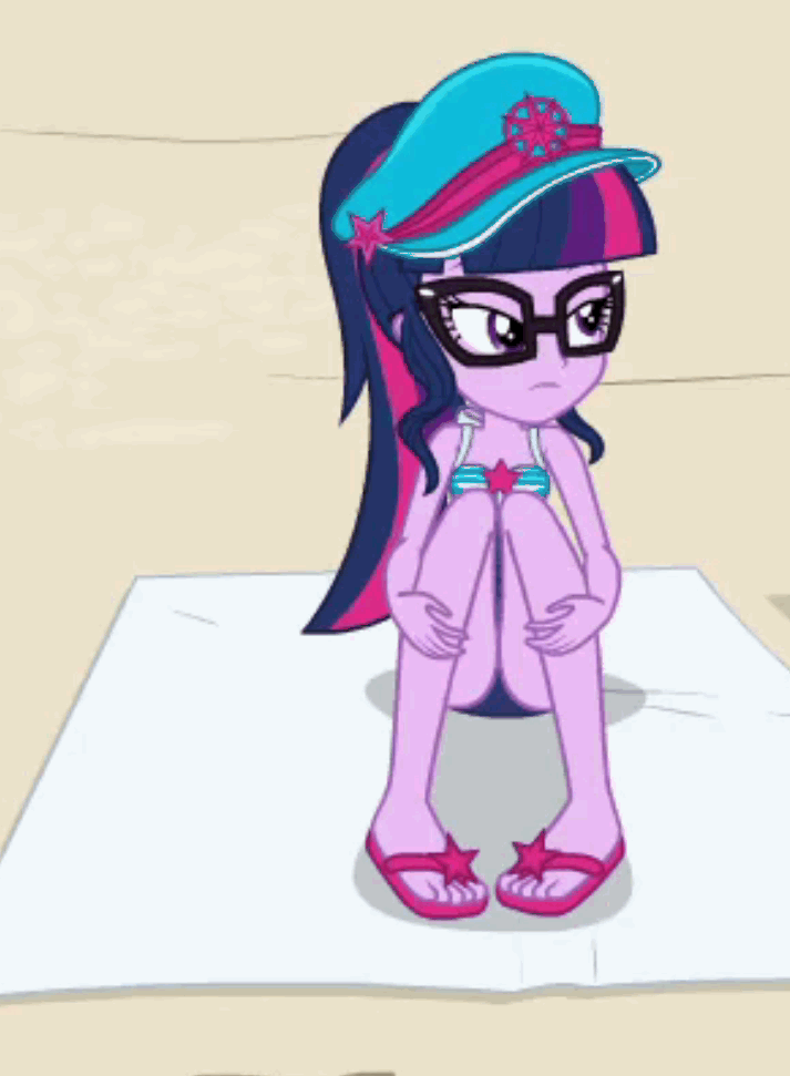 Size: 713x971 | Tagged: safe, screencap, character:twilight sparkle, character:twilight sparkle (scitwi), species:eqg human, equestria girls:forgotten friendship, g4, my little pony:equestria girls, adorasexy, animated, beach, beach towel, clothing, cropped, cute, feet, flip-flops, gif, glasses, hat, legs, ponytail, sandals, sexy, solo, swimsuit