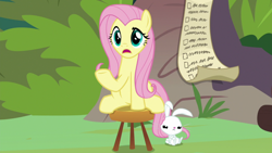 Size: 1920x1080 | Tagged: safe, screencap, character:angel bunny, character:fluttershy, species:pegasus, species:pony, species:rabbit, episode:she talks to angel, g4, my little pony: friendship is magic, animal, checklist, crossed arms, duo, female, grumpy, mare, raised hoof, sitting, stool