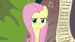 Size: 1920x1080 | Tagged: safe, screencap, character:fluttershy, species:pony, episode:she talks to angel, g4, my little pony: friendship is magic, checklist, female, fluttershy is not amused, key, key ring, mare, solo, unamused