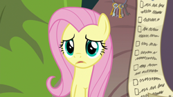 Size: 1920x1080 | Tagged: safe, screencap, character:fluttershy, species:pony, episode:she talks to angel, g4, my little pony: friendship is magic, checklist, female, key, key ring, mare, solo