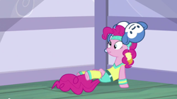 Size: 1110x623 | Tagged: safe, screencap, character:pinkie pie, episode:a friend in deed, g4, my little pony: friendship is magic, headband, leg warmers, scrunchy face, sweatband, workout outfit, wristband