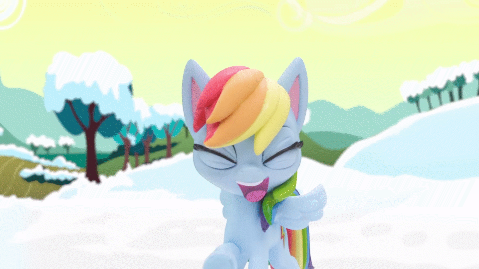 Size: 960x540 | Tagged: safe, screencap, character:rainbow dash, species:pegasus, species:pony, g4.5, my little pony: stop motion short, my little pony:pony life, animated, gif, how do hooves work?, outdoors, smiling, snow, snowball, snowball fight (short), solo, stop motion, throwing, wings