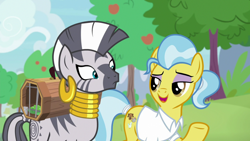 Size: 1920x1080 | Tagged: safe, screencap, character:doctor fauna, character:zecora, species:earth pony, species:pony, species:zebra, episode:she talks to angel, g4, my little pony: friendship is magic, cage, clothing, duo, duo female, ear piercing, earring, eyeshadow, female, jewelry, lidded eyes, looking at each other, makeup, mare, neck rings, open mouth, piercing, ponytail, purple eyeshadow, raised hoof, shrunken pupils, smiling, tree