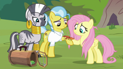 Size: 1920x1080 | Tagged: safe, screencap, character:doctor fauna, character:fluttershy, character:zecora, species:earth pony, species:pegasus, species:pony, species:zebra, episode:she talks to angel, g4, my little pony: friendship is magic, cage, ear piercing, earring, female, fire lizard, gecko, jewelry, leg rings, lizard, mare, messy mane, neck rings, piercing