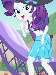 Size: 802x1080 | Tagged: safe, screencap, character:rarity, equestria girls:forgotten friendship, g4, my little pony:equestria girls, beach chair, beach hat, beach umbrella, belly button, bikini, bikini top, clothing, cropped, cute, diamond, female, forest background, geode of shielding, jewelry, legs, lidded eyes, looking down, magical geodes, midriff, mountain, necklace, open mouth, raribetes, sarong, sleeveless, smiling, solo, swimsuit