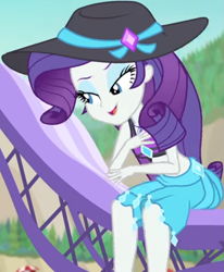Size: 883x1070 | Tagged: safe, screencap, character:rarity, equestria girls:forgotten friendship, g4, my little pony:equestria girls, beach chair, beach hat, beach umbrella, bikini, bikini top, clothing, cropped, cute, diamond, female, forest background, geode of shielding, jewelry, legs, lidded eyes, looking down, magical geodes, midriff, mountain, necklace, raribetes, sarong, sleeveless, smiling, solo, swimsuit