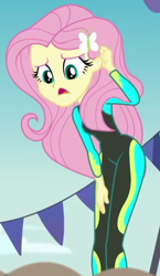 Size: 390x671 | Tagged: safe, screencap, character:fluttershy, episode:too hot to handle, g4, my little pony:equestria girls, clothing, cropped, solo, swimsuit, wetsuit