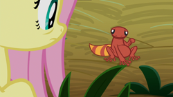 Size: 1920x1080 | Tagged: safe, screencap, character:fluttershy, species:pony, episode:she talks to angel, g4, my little pony: friendship is magic, female, fire lizard, gecko, lizard, mare, pointing at self