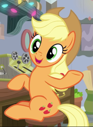 Size: 525x722 | Tagged: safe, screencap, character:applejack, species:earth pony, species:pony, episode:mystery voice, applejack's hat, cheerful, clothing, cowboy hat, cropped, cute, cutie mark, female, hat, hooves on the table, jackabetes, mare, open mouth, ponytail, raised hoof, sitting, smiling, solo, stetson, waving