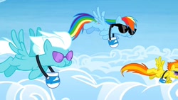Size: 1280x720 | Tagged: safe, screencap, character:fleetfoot, character:rainbow dash, character:spitfire, species:pegasus, species:pony, episode:rainbow falls, g4, my little pony: friendship is magic, aweeg*, feed bag, female, sunglasses