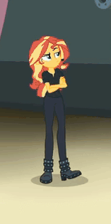 Size: 157x315 | Tagged: safe, screencap, character:sunset shimmer, species:human, episode:all the world's off stage, g4, my little pony:equestria girls, all the world's off stage: micro chips, animated, backstage, cropped, crossed arms, director shimmer, foot tapping, gif, solo, sunset shimmer is not amused, tapping, unamused