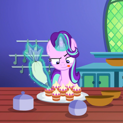 Size: 1080x1080 | Tagged: safe, screencap, character:starlight glimmer, species:pony, species:unicorn, episode:all bottled up, g4, my little pony: friendship is magic, cake, cropped, female, food, mare, solo, teacakes, tongue out