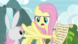 Size: 1920x1080 | Tagged: safe, screencap, character:angel bunny, character:fluttershy, species:pegasus, species:pony, species:rabbit, episode:she talks to angel, g4, my little pony: friendship is magic, animal, checklist, duo, female, list, male, mare, messy mane, scroll, wing hands, wings