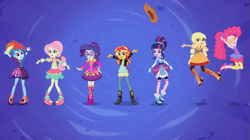 Size: 1351x756 | Tagged: safe, screencap, character:applejack, character:fluttershy, character:pinkie pie, character:rainbow dash, character:rarity, character:sunset shimmer, character:twilight sparkle, character:twilight sparkle (alicorn), episode:friendship through the ages, equestria girls:rainbow rocks, g4, my little pony:equestria girls, abstract background, ancient wonderbolts uniform, clothing, country applejack, folk fluttershy, humane five, humane seven, humane six, new wave pinkie, rainbow punk, sgt. rarity
