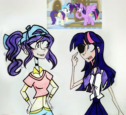 Size: 2555x2332 | Tagged: safe, artist:citi, screencap, character:rarity, character:twilight sparkle, character:twilight sparkle (alicorn), species:alicorn, species:human, species:pony, episode:friendship university, g4, my little pony: friendship is magic, alternate hairstyle, disguise, eyepatch, eyepatch (disguise), humanized, plainity, scene interpretation, screencap reference, skinny, traditional art