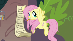 Size: 1920x1080 | Tagged: safe, screencap, character:fluttershy, species:pegasus, species:pony, episode:she talks to angel, g4, my little pony: friendship is magic, butt, checklist, female, flying, key, key ring, mare, messy mane, mouth hold, pencil, plot, solo