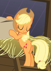 Size: 605x846 | Tagged: safe, screencap, character:applejack, episode:apple family reunion, g4, my little pony: friendship is magic, box, butt, cropped, eyes closed, ladder, plot, smiling, solo