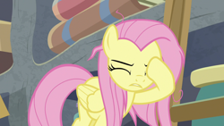 Size: 1920x1080 | Tagged: safe, screencap, character:fluttershy, species:pegasus, species:pony, episode:she talks to angel, g4, my little pony: friendship is magic, eyes closed, facehoof, female, mare, messy mane, solo