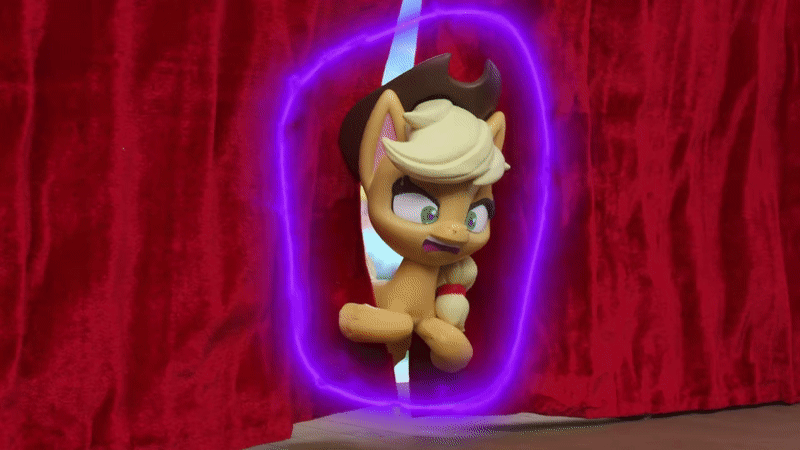 Size: 800x450 | Tagged: safe, screencap, character:applejack, species:earth pony, species:pony, g4.5, my little pony: stop motion short, my little pony:pony life, animated, clenched teeth, clothing, context is for the weak, curtains, gif, hat, magic, magic aura, magician pinkie pie (short), out of context, solo, stage, stop motion, struggling, telekinesis
