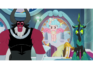 Size: 320x240 | Tagged: safe, screencap, character:cozy glow, character:lord tirek, character:queen chrysalis, species:alicorn, species:centaur, species:changeling, species:pony, episode:the ending of the end, g4, my little pony: friendship is magic, alicornified, animated, antagonist, canterlot, changeling queen, cozycorn, evil laugh, female, gif, laughing, legion of doom, race swap, villains of equestria