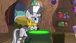 Size: 1920x1080 | Tagged: safe, screencap, character:zecora, species:pony, species:zebra, episode:she talks to angel, g4, my little pony: friendship is magic, bed, cauldron, ear piercing, earring, female, hoof hold, jewelry, mare, neck rings, piercing, solo, zecora's hut