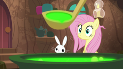 Size: 1920x1080 | Tagged: safe, screencap, character:angel bunny, character:fluttershy, species:pony, species:rabbit, episode:she talks to angel, g4, my little pony: friendship is magic, animal, cauldron, duo, female, ladle, male, mare, messy mane, zecora's hut