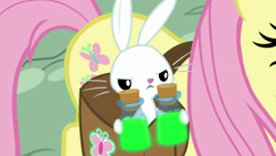 Size: 1920x1080 | Tagged: safe, screencap, character:angel bunny, character:fluttershy, species:pony, species:rabbit, episode:she talks to angel, g4, my little pony: friendship is magic, animal, bag, frown, male, potion, saddle bag