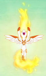 Size: 526x857 | Tagged: safe, screencap, character:daybreaker, character:princess celestia, species:alicorn, species:pony, episode:a royal problem, g4, my little pony: friendship is magic, cropped, evil laugh, fire, hooves in air, laughing, mane of fire, nose in the air, open mouth, solo, spread wings, wings