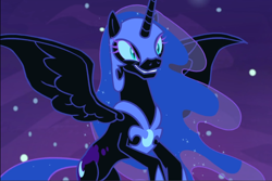 Size: 1408x939 | Tagged: safe, screencap, character:nightmare moon, character:princess luna, species:alicorn, species:pony, episode:a royal problem, g4, my little pony: friendship is magic, armor, chestplate, cropped, dream realm, ethereal mane, evil grin, female, flowing mane, flying, grin, helmet, mare, slit eyes, smiling, solo, sparkling mane, spread wings, wings
