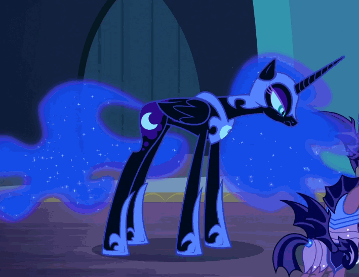 Size: 709x548 | Tagged: safe, screencap, character:nightmare moon, character:princess luna, species:alicorn, species:pony, episode:the cutie re-mark, animated, cropped, cute, ethereal mane, evil, evil laugh, female, galaxy mane, gif, laughing, long legs, majestic, mare, night guard, skinny