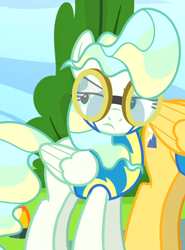 Size: 508x687 | Tagged: safe, screencap, character:vapor trail, species:pegasus, species:pony, episode:top bolt, g4, my little pony: friendship is magic, clothing, cropped, female, folded wings, glare, goggles, looking sideways, mare, mountain haze, solo focus, uniform, vapor trail is not amused, wings, wonderbolt trainee uniform