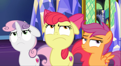 Size: 1631x886 | Tagged: safe, screencap, character:apple bloom, character:scootaloo, character:sweetie belle, species:pegasus, species:pony, episode:growing up is hard to do, g4, my little pony: friendship is magic, apple bloom is not amused, cropped, cutie mark crusaders, floppy ears, scootaloo is not amused, sweetie belle is not amused, trio, unamused