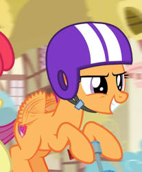 Size: 619x747 | Tagged: safe, screencap, character:scootaloo, species:pegasus, species:pony, episode:growing up is hard to do, g4, my little pony: friendship is magic, confident, cropped, helmet, older, older scootaloo, scooter, smiling, solo, wings