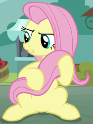 Size: 478x636 | Tagged: safe, screencap, character:angel bunny, character:fluttershy, species:pegasus, species:pony, episode:she talks to angel, g4, my little pony: friendship is magic, angel is not amused, angry, body swap, cropped, female, holding tail, looking at someone, mare, sitting