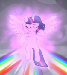 Size: 388x433 | Tagged: safe, screencap, character:twilight sparkle, character:twilight sparkle (alicorn), species:alicorn, species:pony, episode:the ending of the end, g4, my little pony: friendship is magic, cropped, eyes closed, floating, focus, glow, magic of friendship, rainbow, solo, spread wings, wings