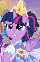 Size: 605x941 | Tagged: safe, screencap, character:twilight sparkle, character:twilight sparkle (alicorn), species:alicorn, species:pony, episode:the last problem, g4, my little pony: friendship is magic, clothing, coronation dress, cropped, crown, crying, cute, dress, jewelry, messy mane, regalia, second coronation dress, smiling, solo, tears of joy, teary eyes, twiabetes