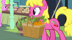 Size: 1920x1080 | Tagged: safe, screencap, character:cherry berry, character:daisy, species:earth pony, species:pony, episode:she talks to angel, g4, my little pony: friendship is magic, background pony, basket, carrot, cherrybetes, cute, female, food, mare, mouth hold, pear, wrong eye color
