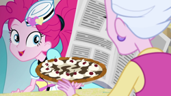Size: 1920x1080 | Tagged: safe, screencap, character:pinkie pie, episode:five stars, g4, my little pony:equestria girls, cute, diapinkes, ear piercing, earring, female, food, happy, jewelry, newspaper, pie, piercing, server pinkie pie, smiling, sour persimmon, sweet snacks cafe, tongue out, waitress