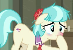 Size: 787x542 | Tagged: safe, screencap, character:coco pommel, species:earth pony, species:pony, episode:the saddle row review, g4, my little pony: friendship is magic, cocobetes, cropped, crying, cute, messy mane, red nosed, sick, tears of pain