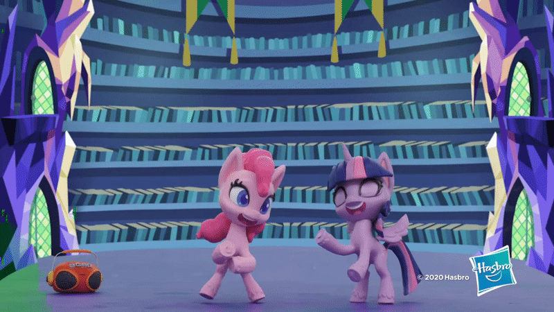 Size: 800x450 | Tagged: safe, screencap, character:pinkie pie, character:twilight sparkle, character:twilight sparkle (alicorn), species:alicorn, species:earth pony, species:pony, g4.5, my little pony: stop motion short, my little pony:pony life, animated, dancing, eyes closed, gif, happy, hasbro logo, library, pinkie pie wants to play, radio, smiling, stop motion, twilight's castle, twilight's castle library, wings