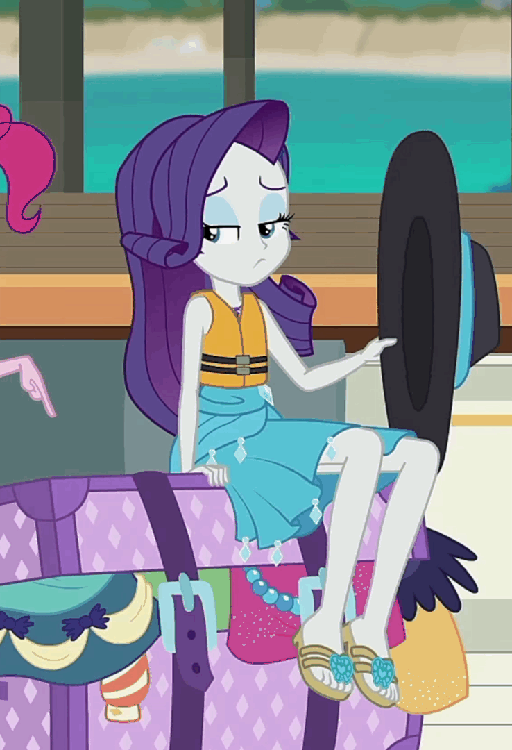 Size: 738x1080 | Tagged: safe, screencap, character:pinkie pie, character:rarity, episode:the salty sails, g4, my little pony:equestria girls, animated, clothing, cropped, crossed legs, feet, flip-flops, gif, hat, legs, sandals, sarong, sexy, sun hat, swimsuit