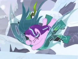 Size: 1065x799 | Tagged: safe, screencap, character:queen chrysalis, character:starlight glimmer, species:changeling, species:pony, species:unicorn, episode:the ending of the end, g4, my little pony: friendship is magic, changeling queen, cropped, female, fight, mare, snow, tackle, ultimate chrysalis