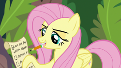 Size: 1280x720 | Tagged: safe, screencap, character:angel bunny, character:fluttershy, species:pegasus, species:pony, episode:she talks to angel, g4, my little pony: friendship is magic, body swap, checklist, female, mare, mouth hold, pencil, solo