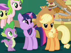 Size: 783x581 | Tagged: safe, screencap, character:applejack, character:lavender fritter, character:red gala, character:spike, character:twilight sparkle, character:twilight sparkle (unicorn), species:dragon, species:earth pony, species:pony, species:unicorn, episode:friendship is magic, g4, my little pony: friendship is magic, apple family member, cheek bulge, cropped, sweet apple acres