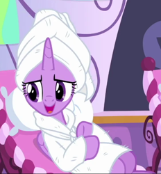 Size: 560x604 | Tagged: safe, screencap, character:twilight sparkle, character:twilight sparkle (alicorn), species:alicorn, species:pony, episode:rarity's biggest fan, bathrobe, clothing, cropped, open mouth, ponyville spa, reclining, robe, solo, towel, towel on head