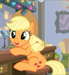 Size: 655x715 | Tagged: safe, screencap, character:applejack, episode:mystery voice, cropped, cute, jackabetes, microphone, open mouth, sitting, solo