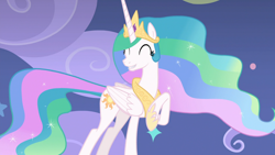 Size: 1920x1080 | Tagged: safe, screencap, character:princess celestia, species:alicorn, species:pony, episode:horse play, g4, my little pony: friendship is magic, beautiful, cheerful, chestplate, crown, cute, cutelestia, ethereal mane, eyes closed, female, flowing tail, folded wings, grin, hoof shoes, jewelry, mare, multicolored hair, raised hoof, regalia, smiling, solo